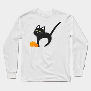 Halloween Black Cat with Pumpkin Cute Simple Aesthetic Art Logo Long Sleeve T-Shirt